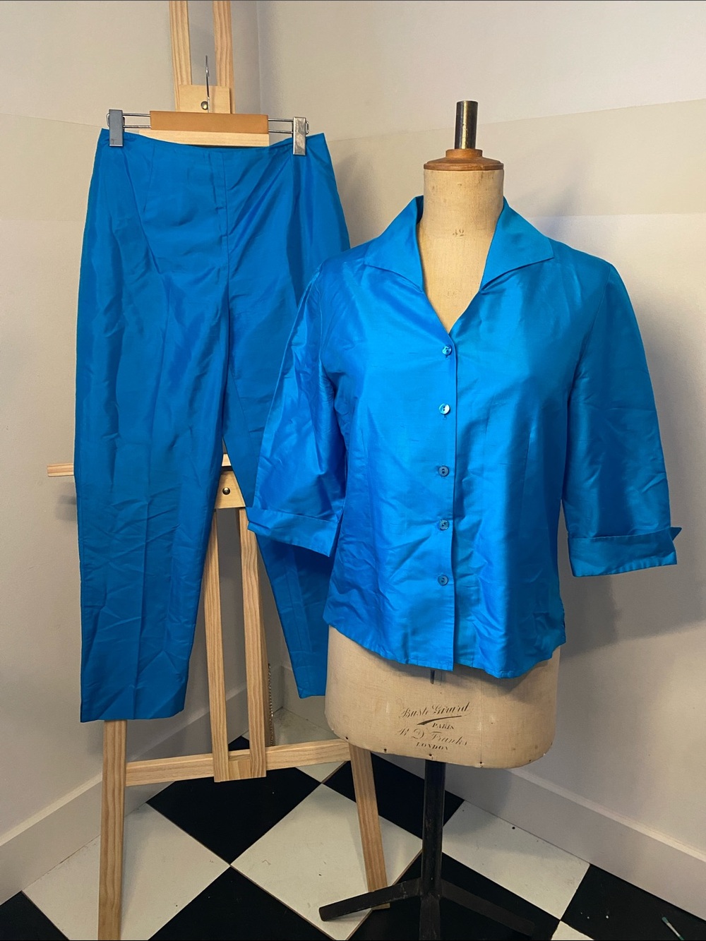 Vintage Turquoise Silk Shantung Pant Suit Set Size 6 Two Piece Outfit